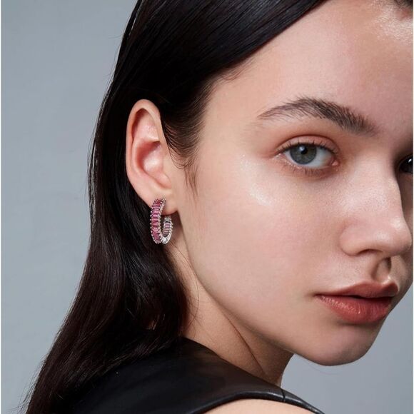 14K White Gold with Rosy Pink Sapphire Cubic Zirconia Hoop Leverback Earrings - Picture 4 of 7